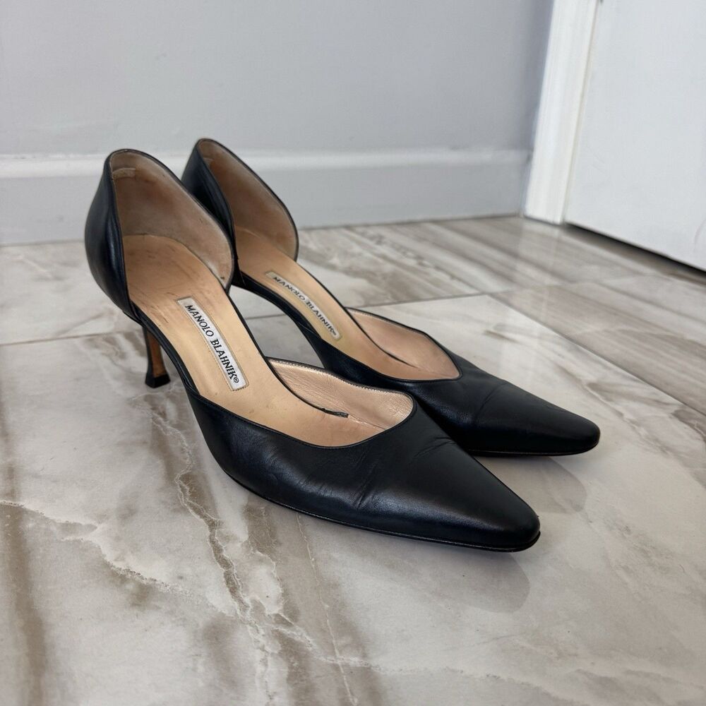 Manolo Blahnik Black Leather d’Orsay Pointed-Toe Pumps Sz 41 Office/Going Out
